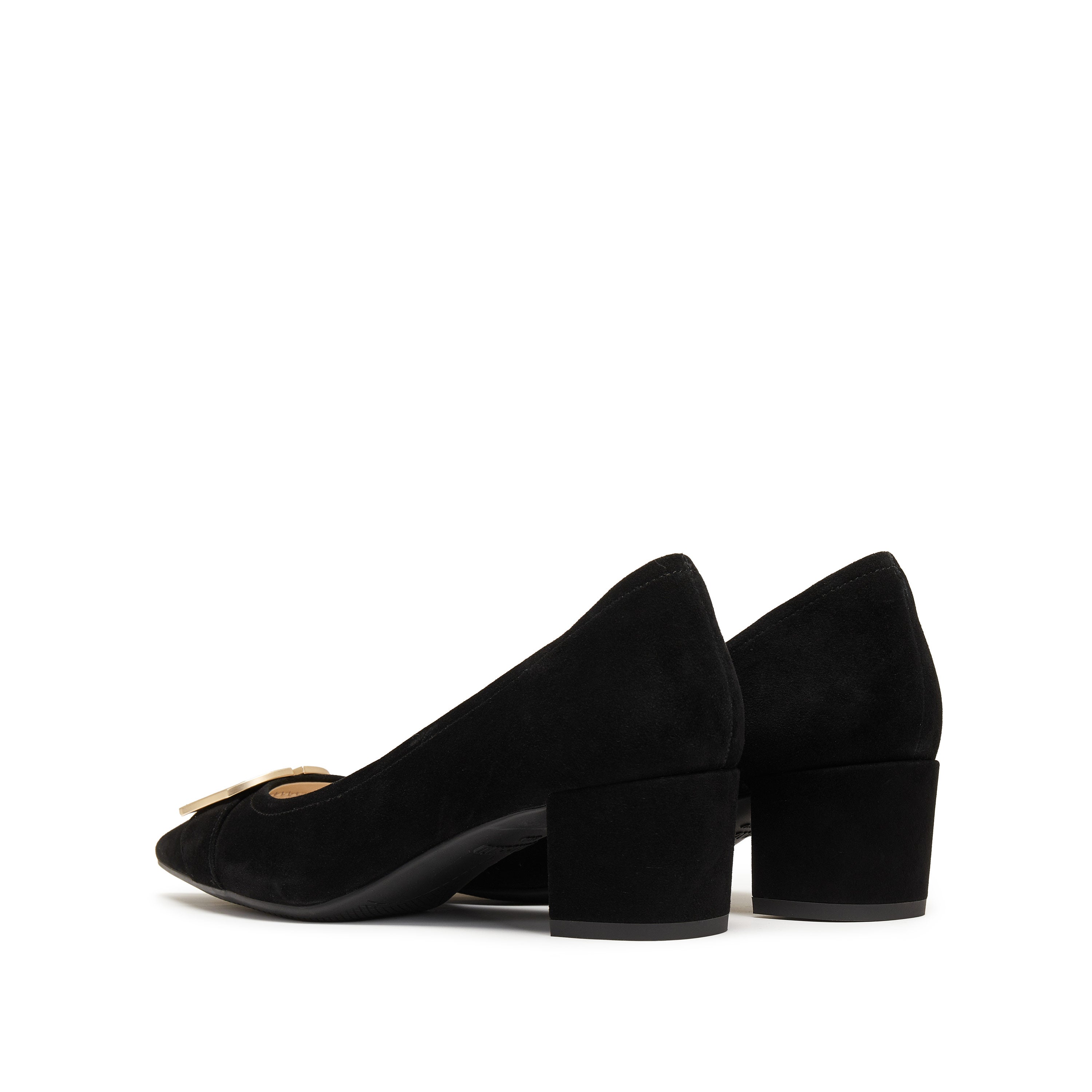 Black Suede Golden Buckle Heeled Pumps