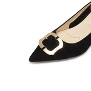 Black Suede Golden Buckle Heeled Pumps