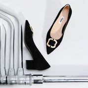Black Suede Golden Buckle Heeled Pumps