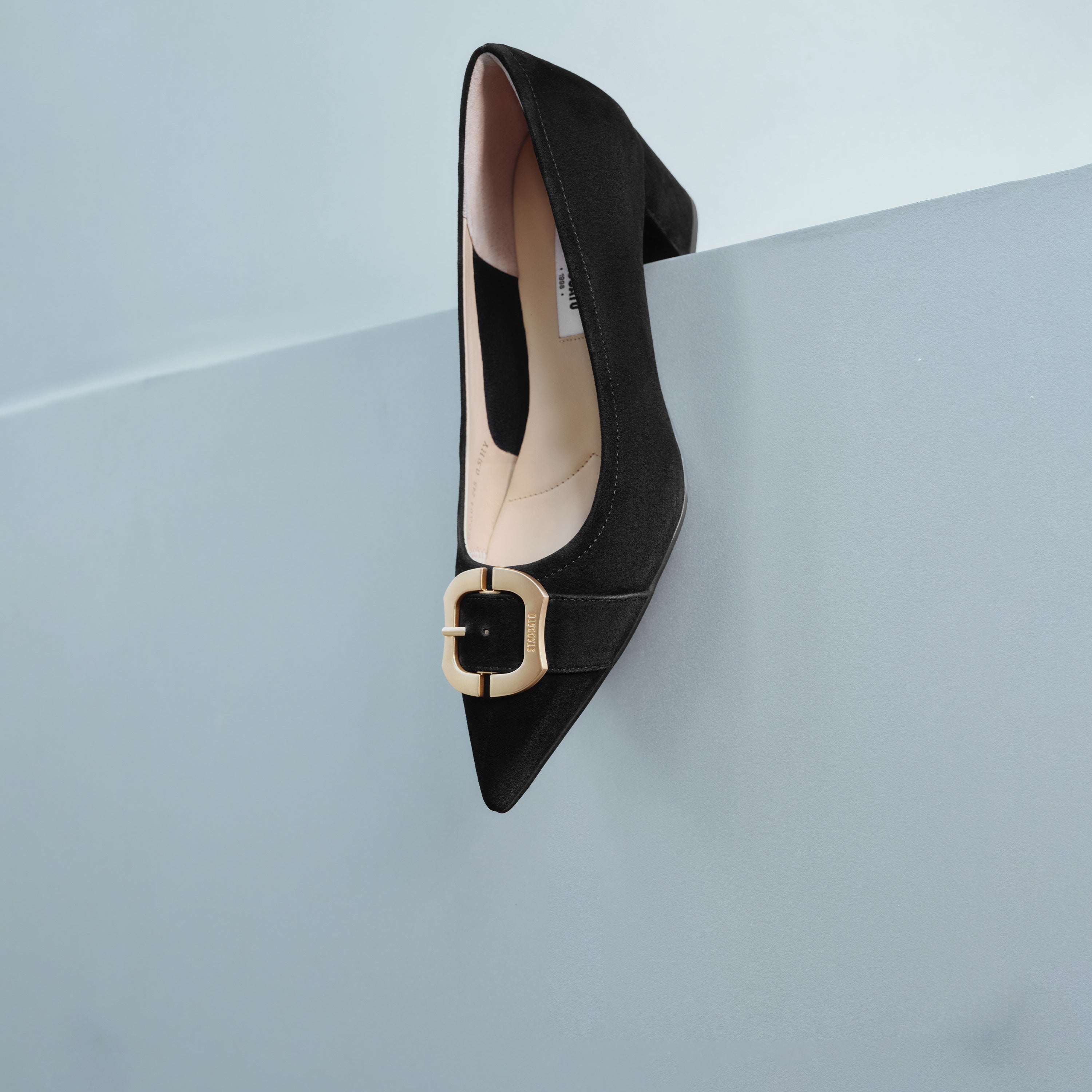 Black Suede Golden Buckle Heeled Pumps