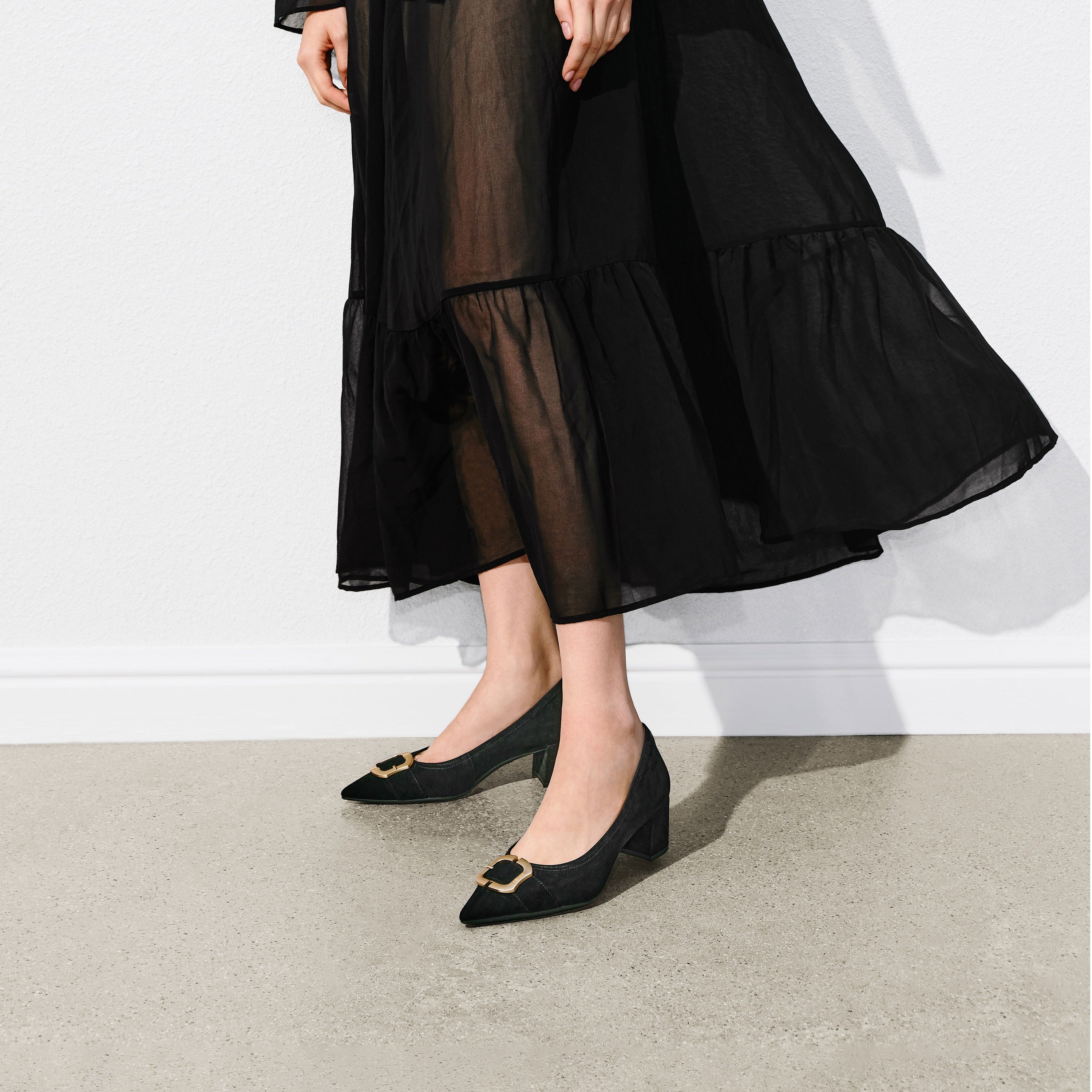 Black Suede Golden Buckle Heeled Pumps