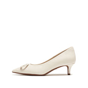 Beige Leather Bow Buckle Pointy Pumps