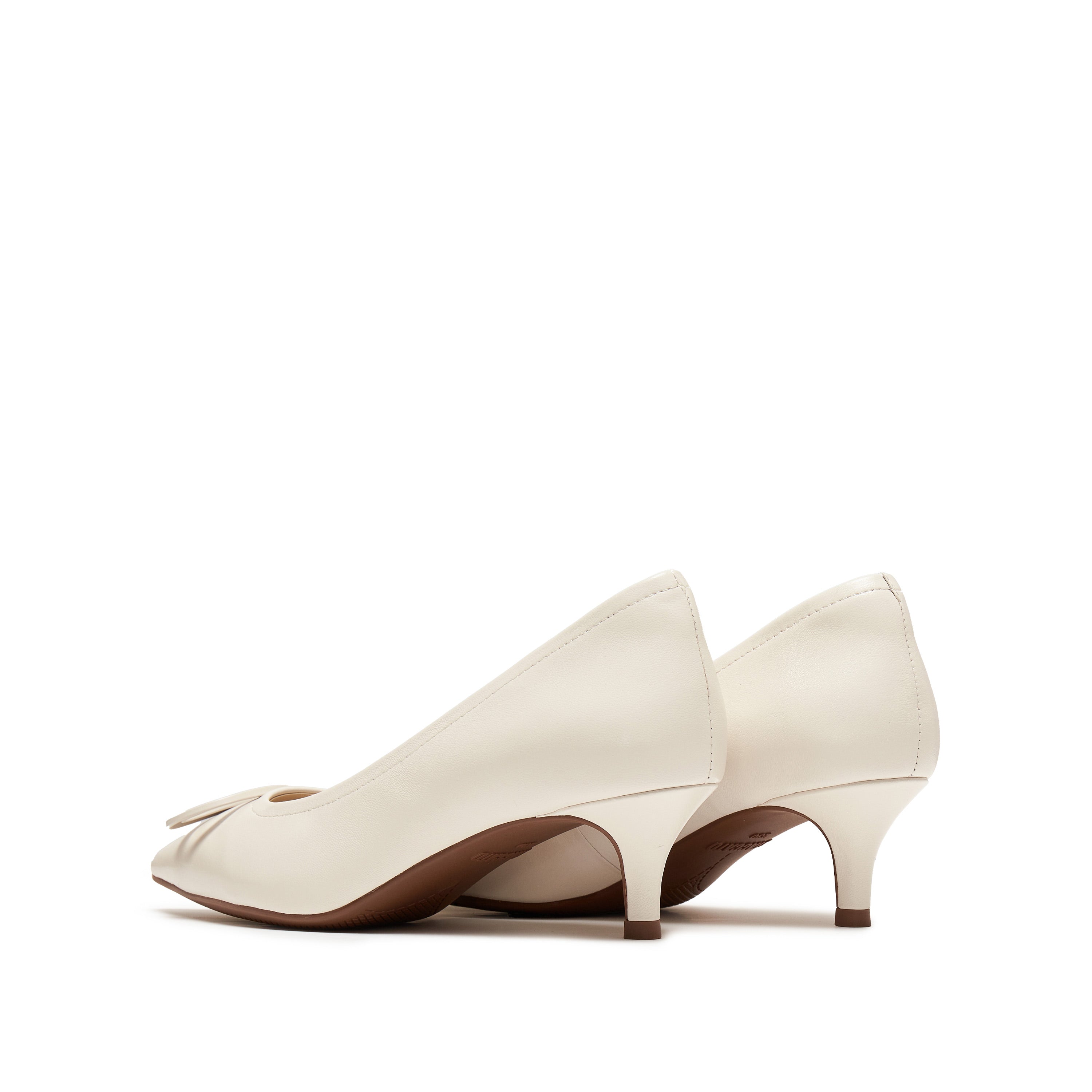 Beige Leather Bow Buckle Pointy Pumps