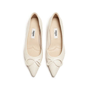 Beige Leather Bow Buckle Pointy Pumps