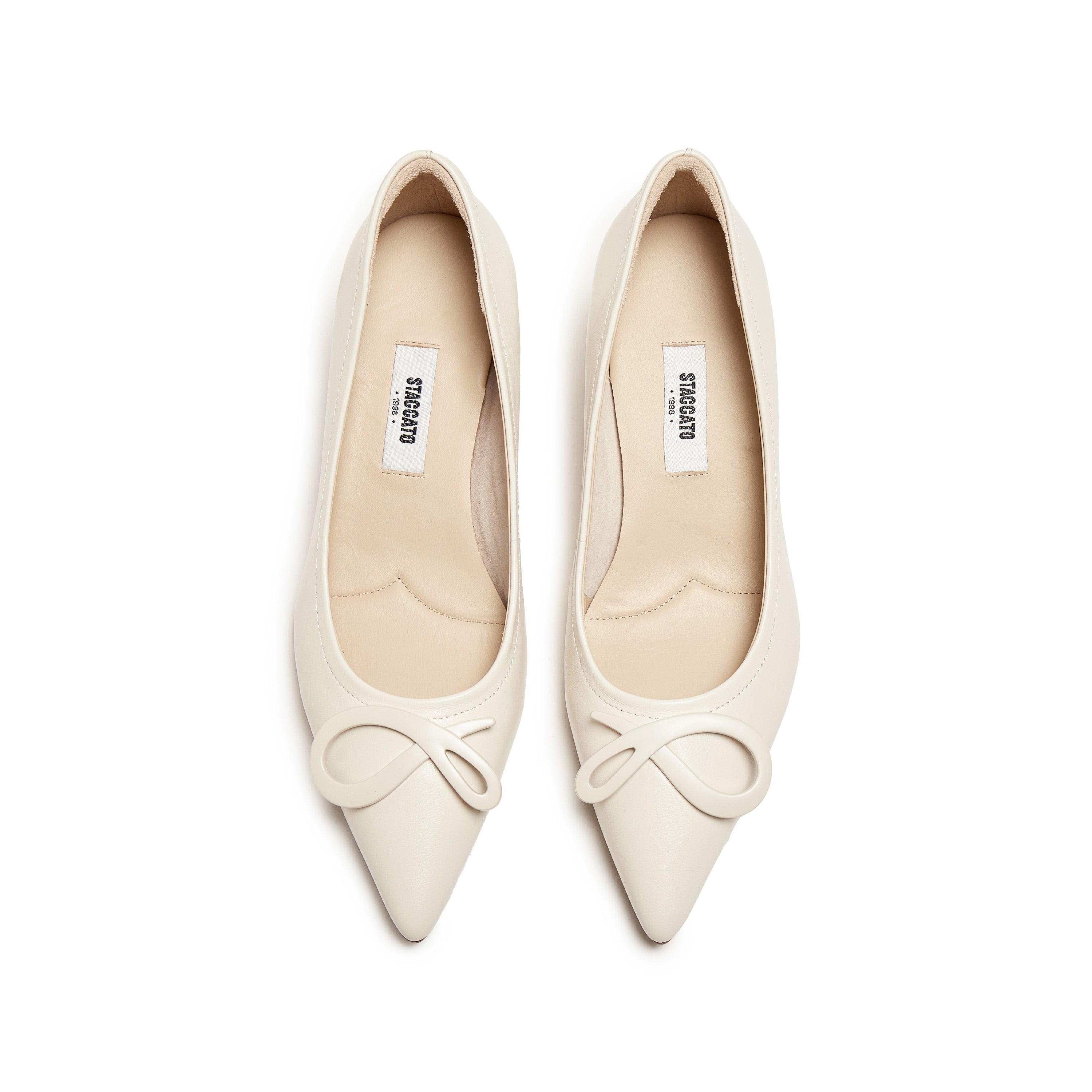 Beige Leather Bow Buckle Pointy Pumps