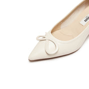 Beige Leather Bow Buckle Pointy Pumps