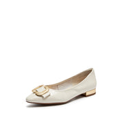 Beige Embossed Golden Buckle Bow Flats