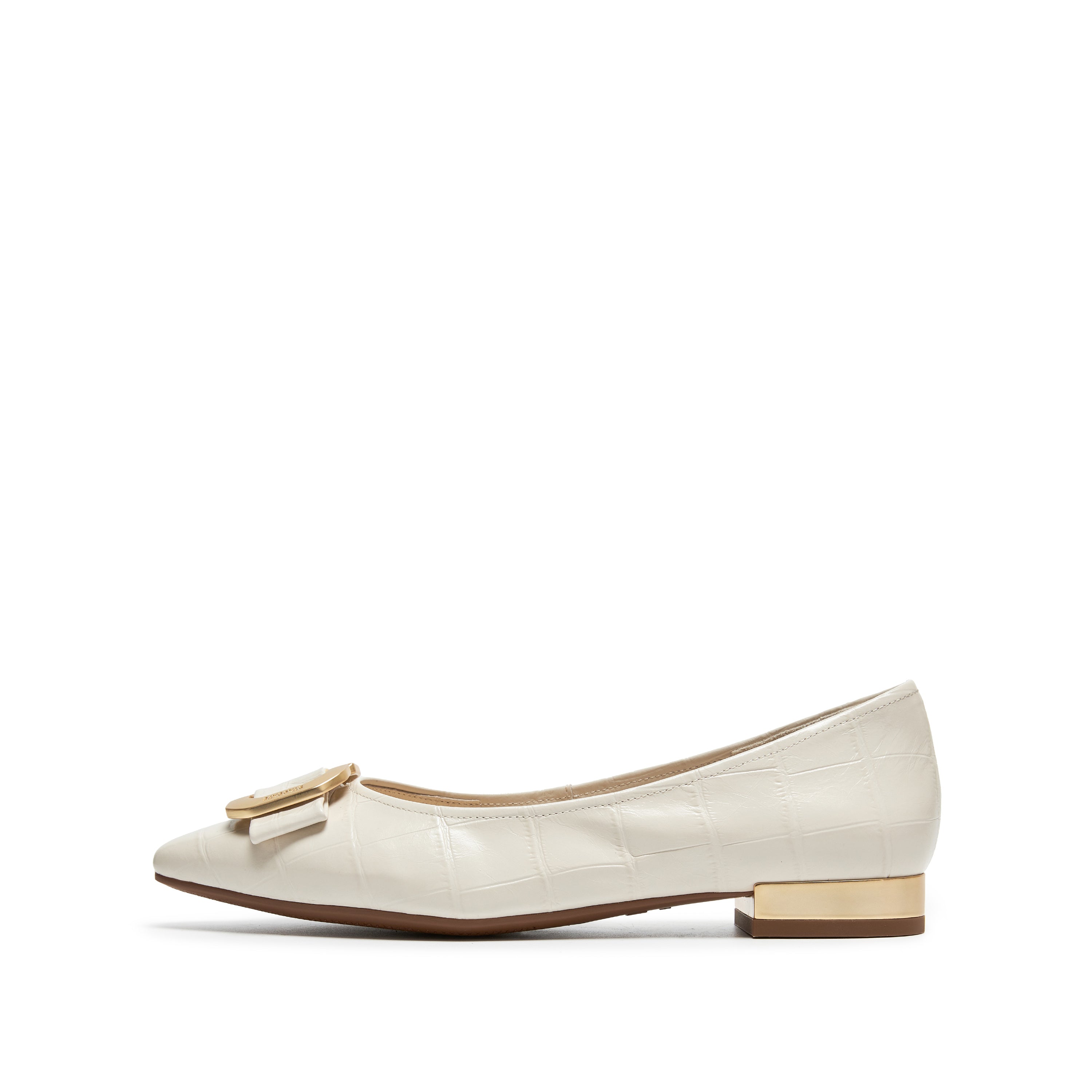 Beige Embossed Golden Buckle Bow Flats