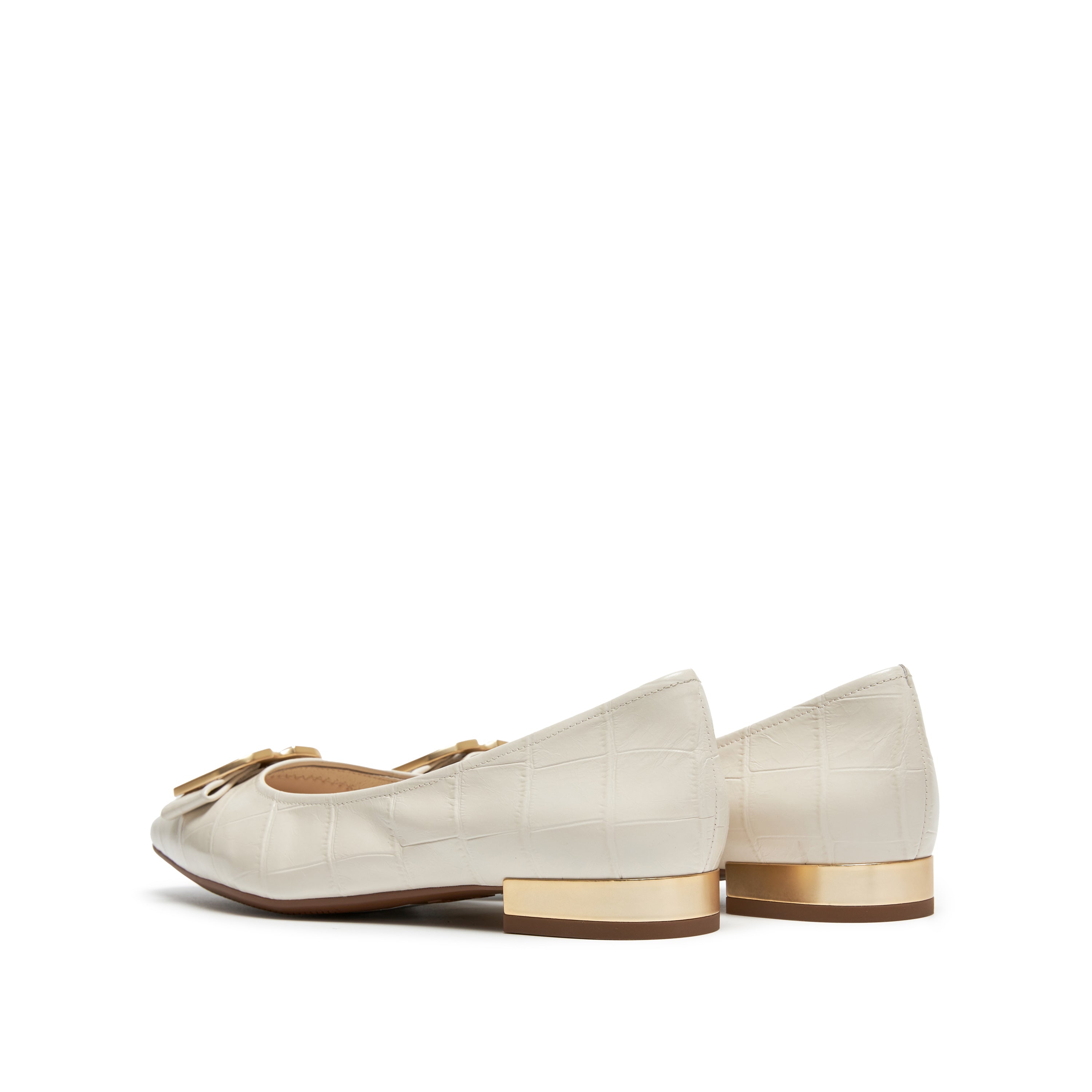 Beige Embossed Golden Buckle Bow Flats