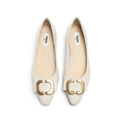 Beige Embossed Golden Buckle Bow Flats