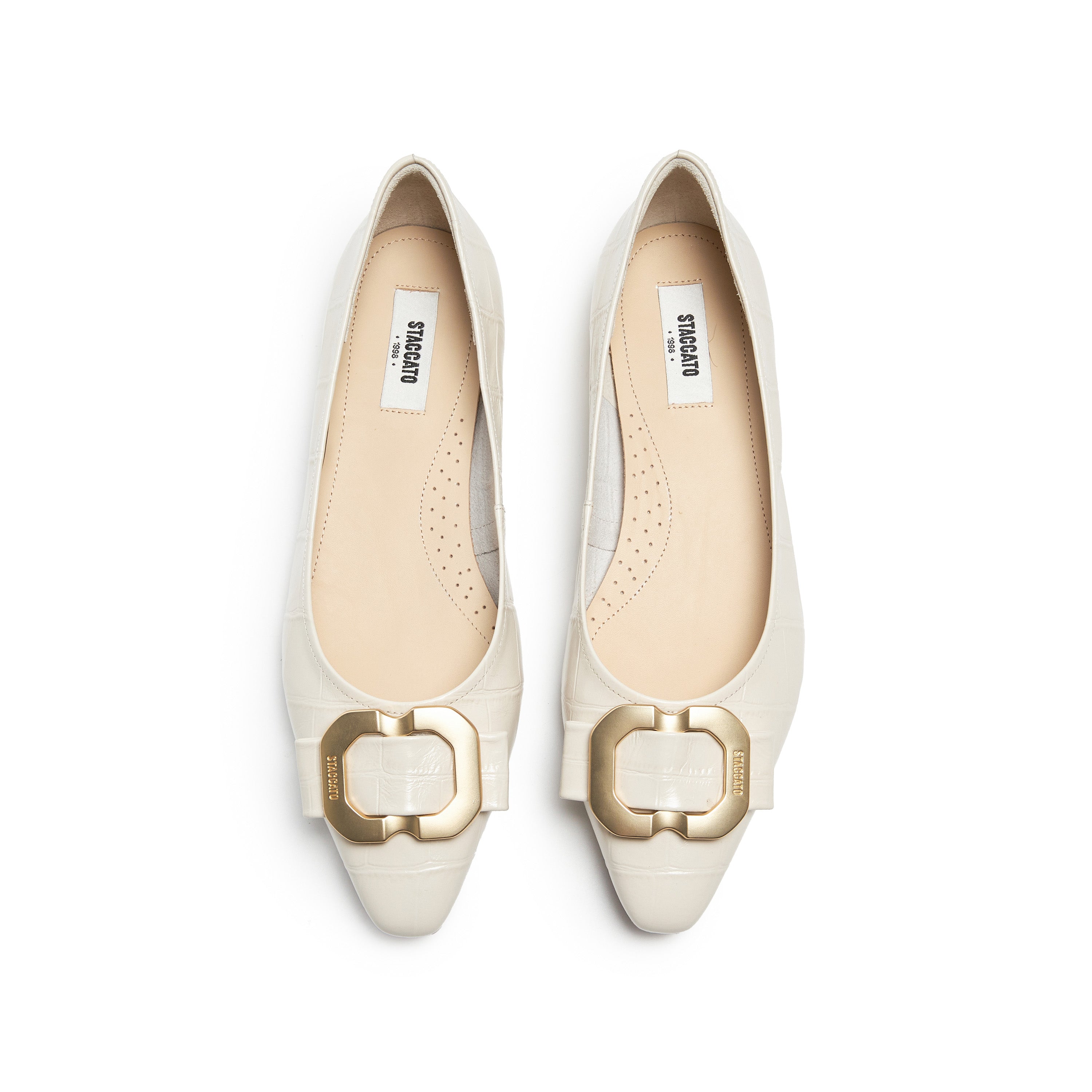 Beige Embossed Golden Buckle Bow Flats