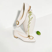 Beige Embossed Golden Buckle Bow Flats