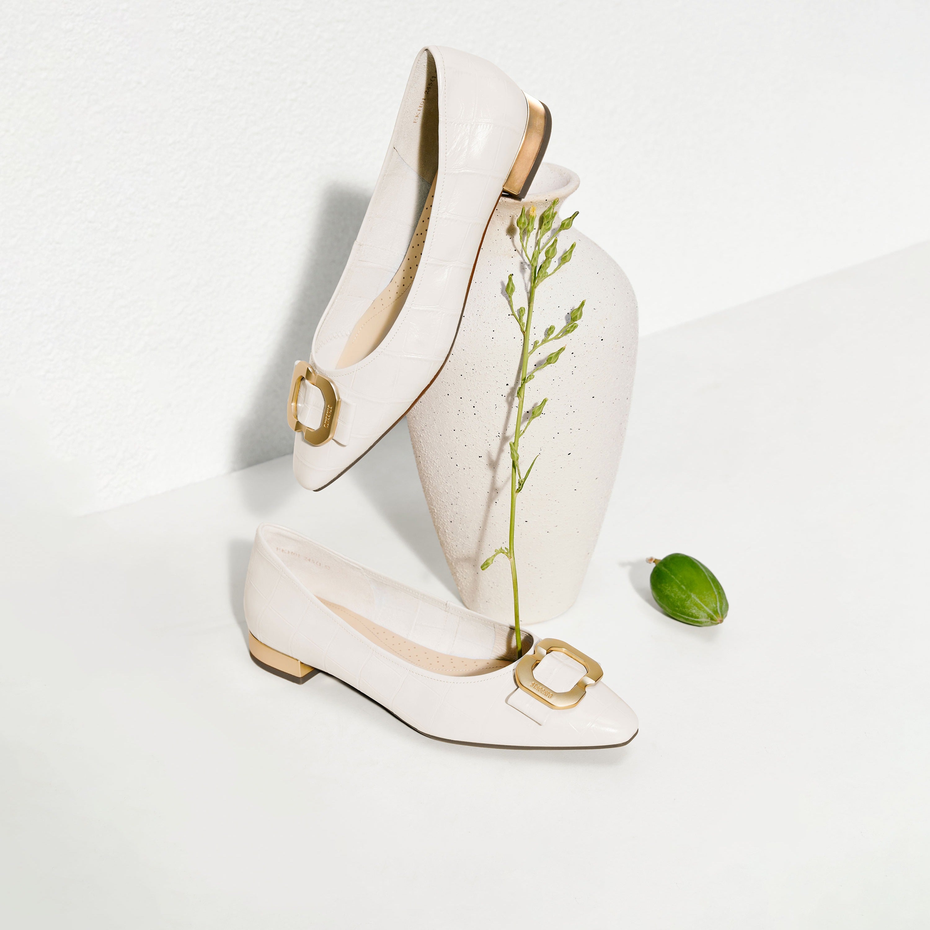 Beige Embossed Golden Buckle Bow Flats
