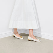 Beige Embossed Golden Buckle Bow Flats