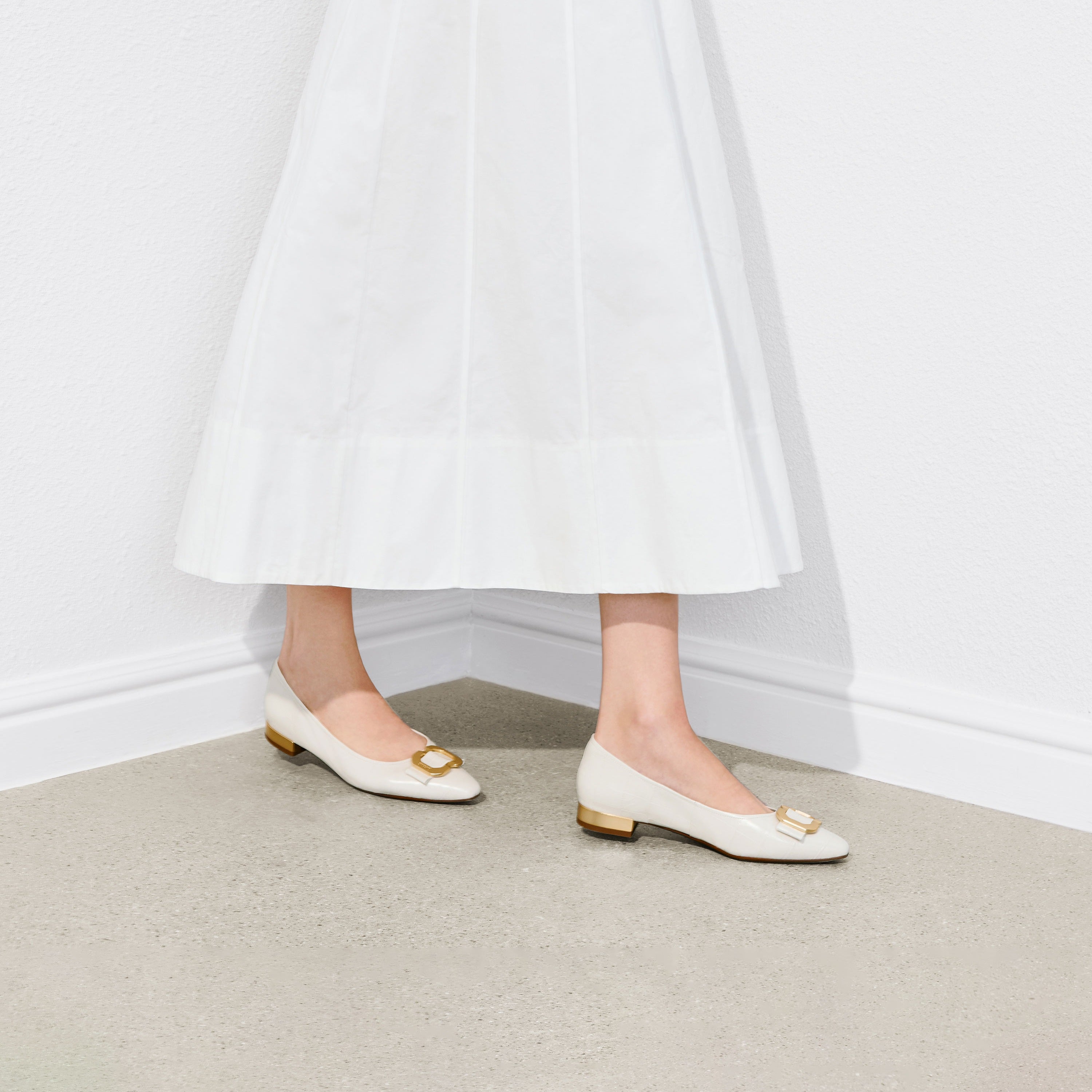 Beige Embossed Golden Buckle Bow Flats