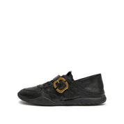 Vintage Buckle Strap Black Leather Lace-up Runner