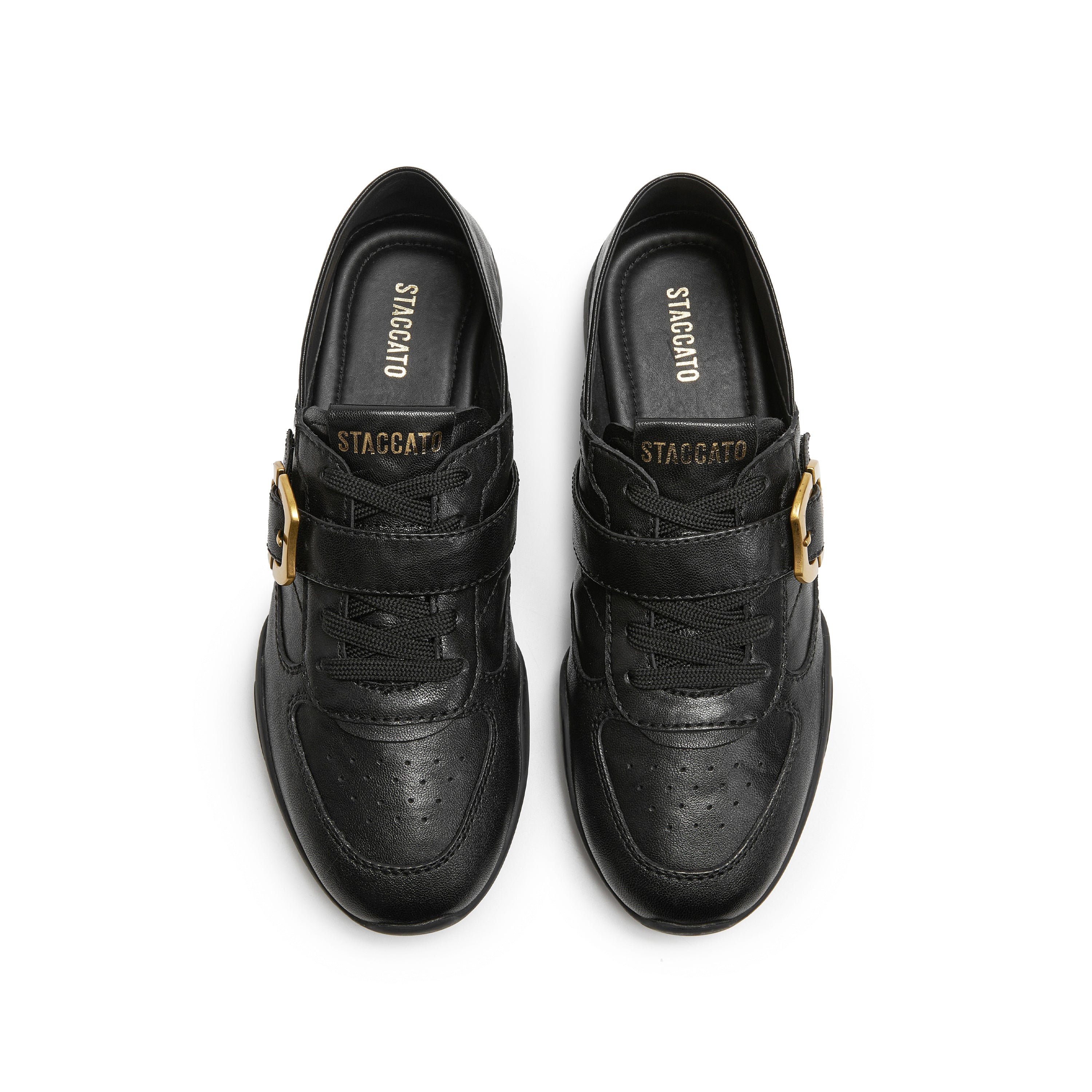 Vintage Buckle Strap Black Leather Lace-up Runner