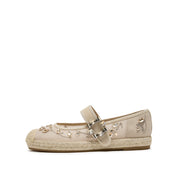 Taupe Crystal Floral Mary Jane Straw Shoes