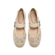 Taupe Crystal Floral Mary Jane Straw Shoes