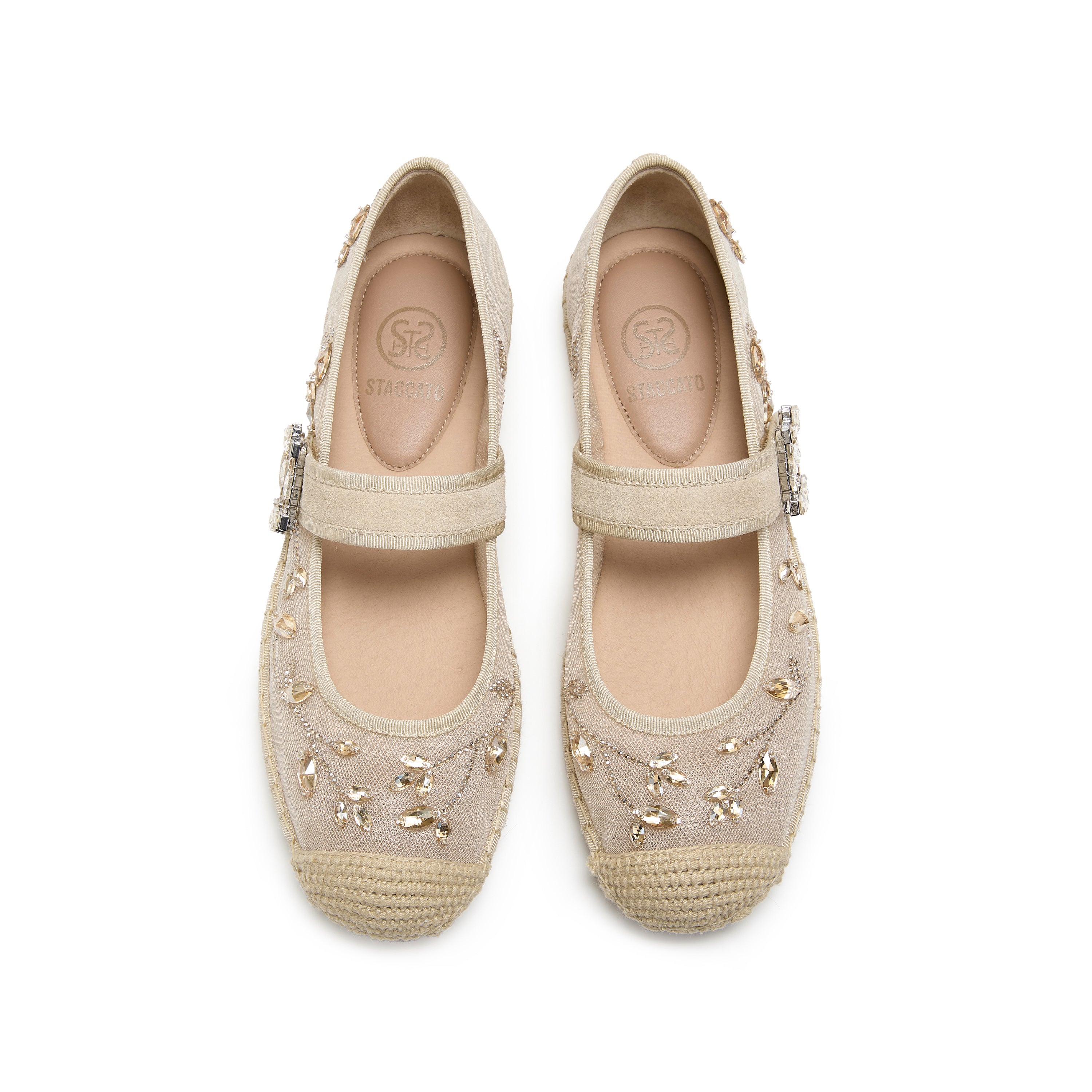 Taupe Crystal Floral Mary Jane Straw Shoes