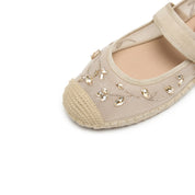 Taupe Crystal Floral Mary Jane Straw Shoes