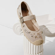 Taupe Crystal Floral Mary Jane Straw Shoes