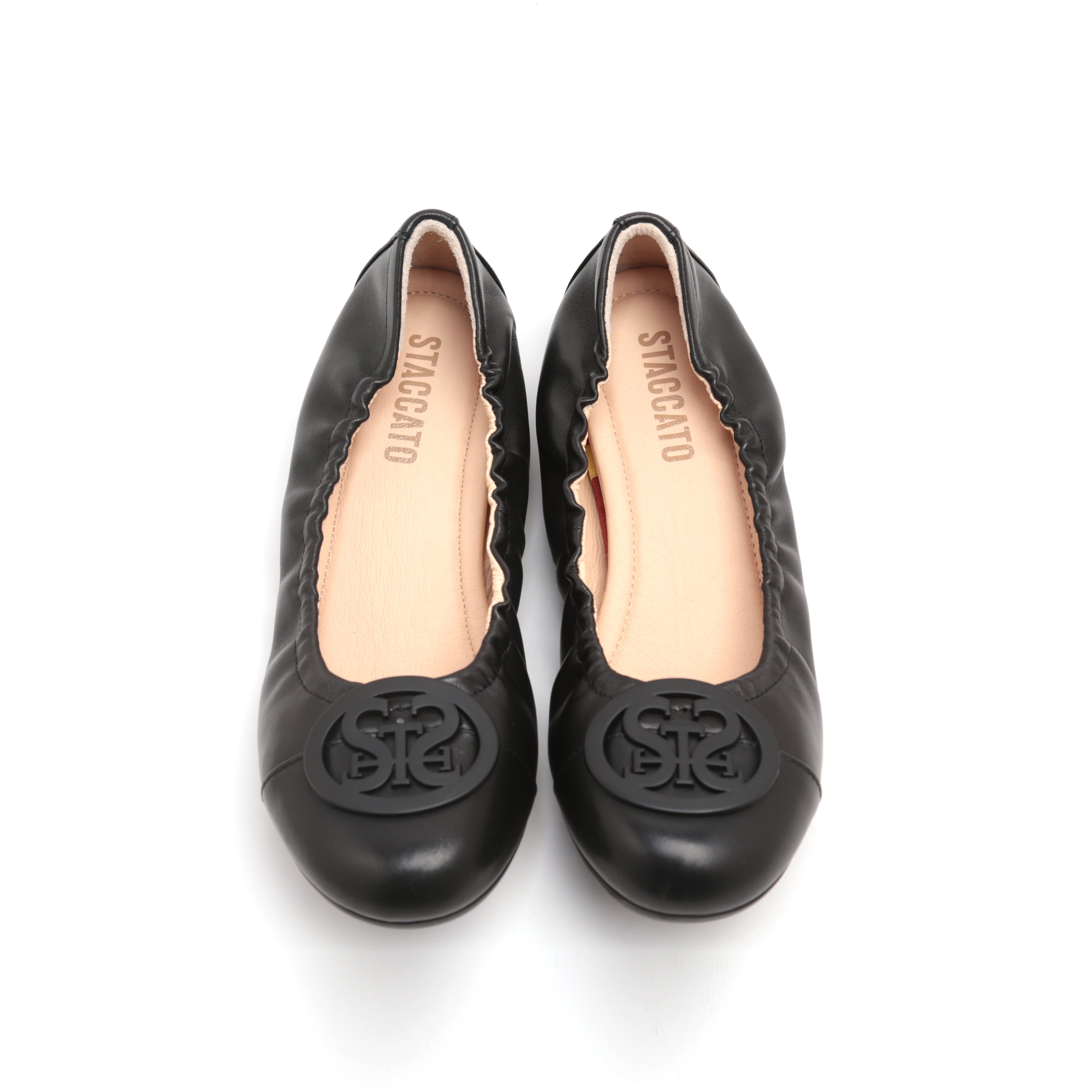 Black ST Buckle Leather Ballerina Flats