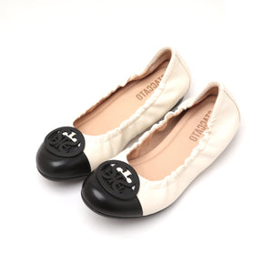 Beige ST Buckle Leather Ballerina Flats