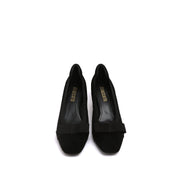 Black Satin Bow Suede Heeled Pumps