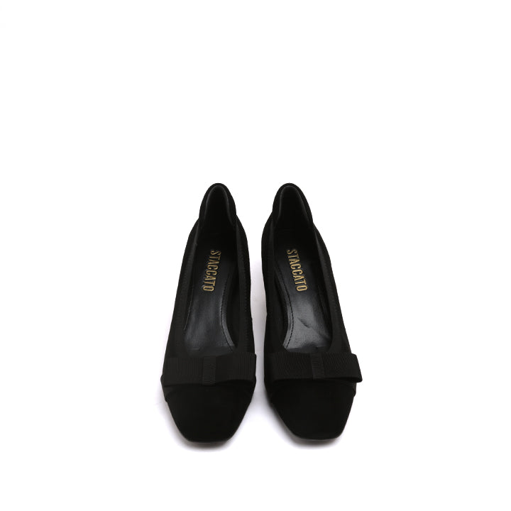 Black Satin Bow Suede Heeled Pumps