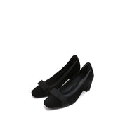 Black Satin Bow Suede Heeled Pumps