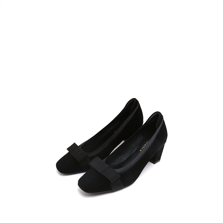 Black Satin Bow Suede Heeled Pumps