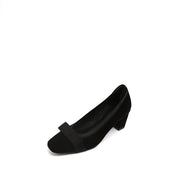 Black Satin Bow Suede Heeled Pumps