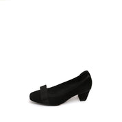 Black Satin Bow Suede Heeled Pumps