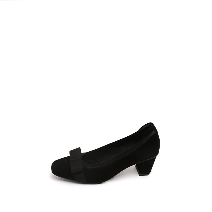 Black Satin Bow Suede Heeled Pumps