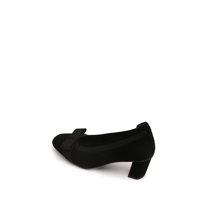 Black Satin Bow Suede Heeled Pumps