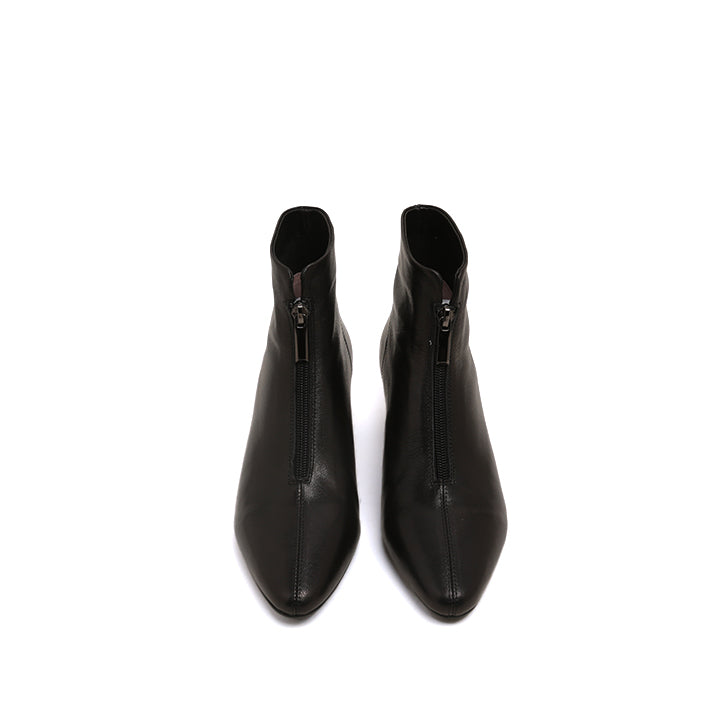 Black Front Zip Leather Ankle Heeled Boots