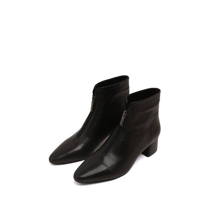 Black Front Zip Leather Ankle Heeled Boots