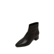 Black Front Zip Leather Ankle Heeled Boots