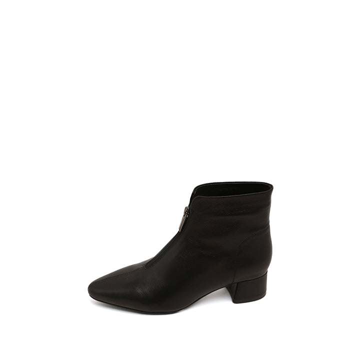Black Front Zip Leather Ankle Heeled Boots