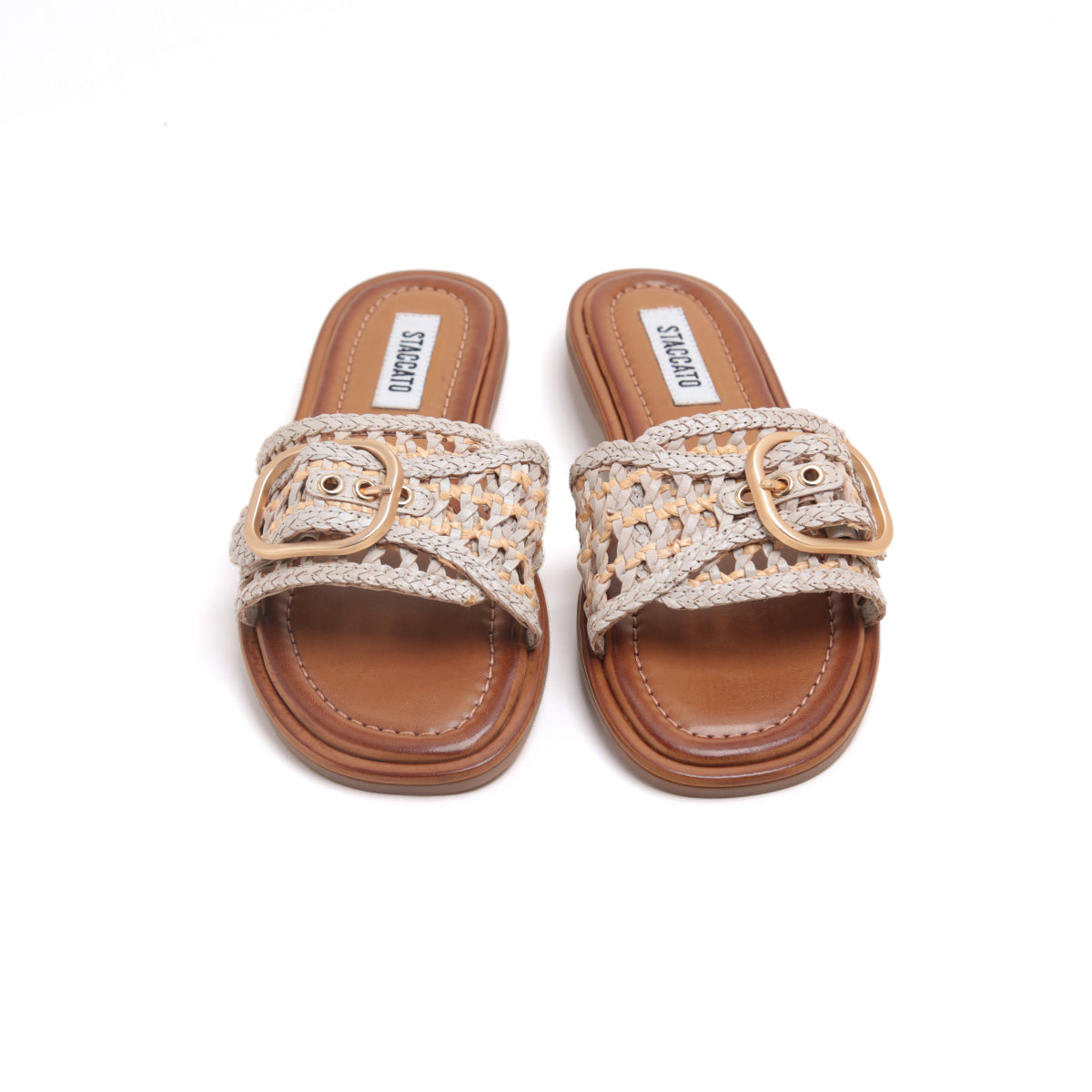 ST x INUOVO Beige Straw Buckle Slide Sandals