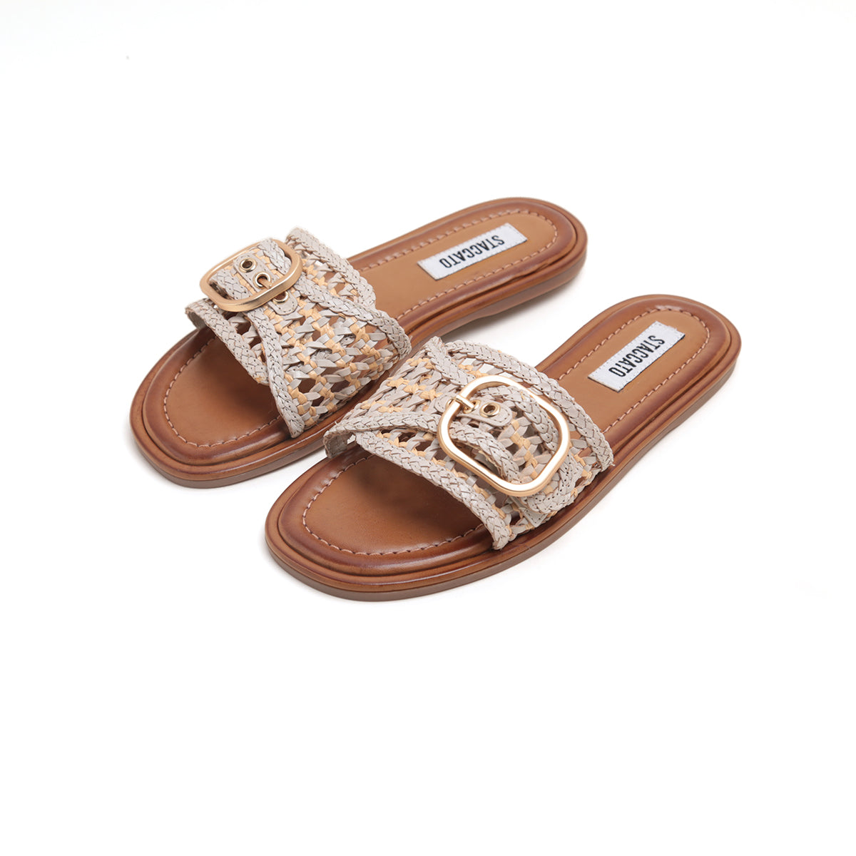 ST x INUOVO Beige Straw Buckle Slide Sandals