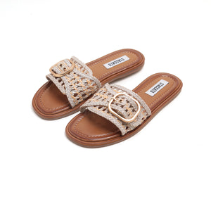 ST x INUOVO Beige Straw Buckle Slide Sandals