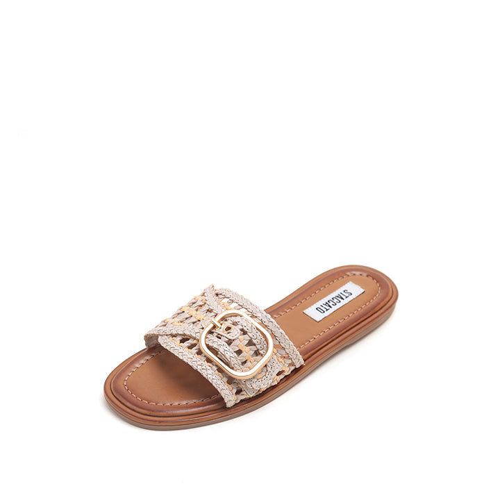 ST x INUOVO Beige Straw Buckle Slide Sandals