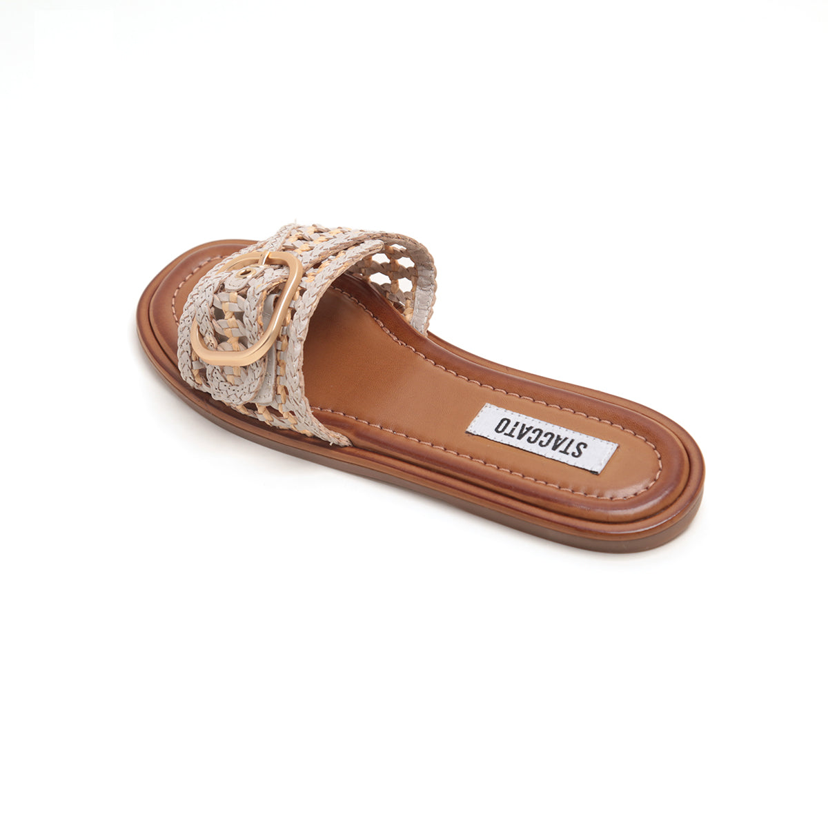 ST x INUOVO Beige Straw Buckle Slide Sandals