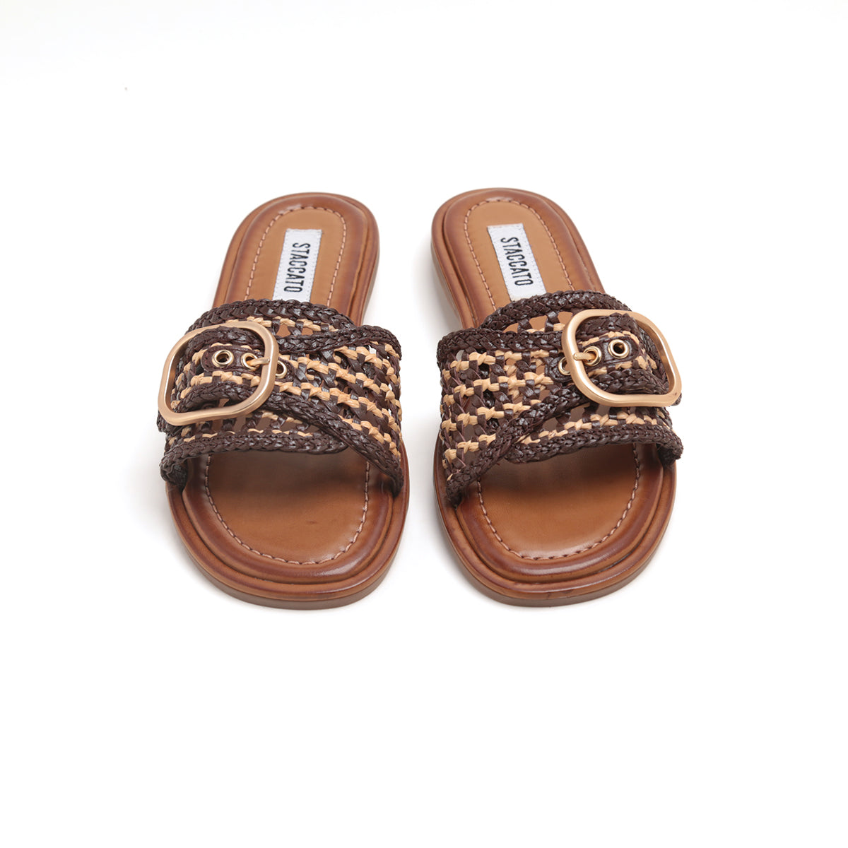 ST x INUOVO Brown Straw Buckle Slide Sandals