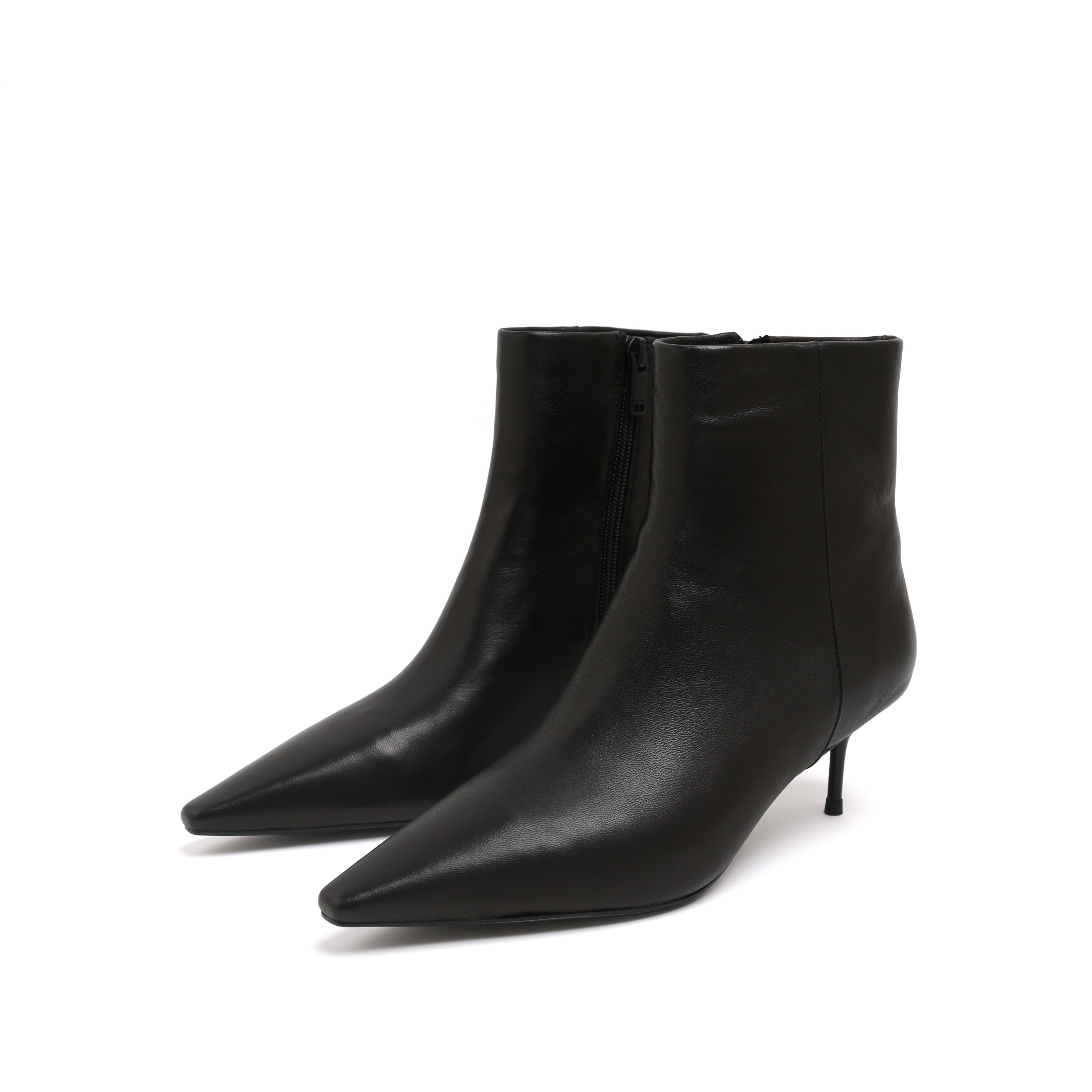 Black Leather Pointed-Toe Stiletto Ankle Boots