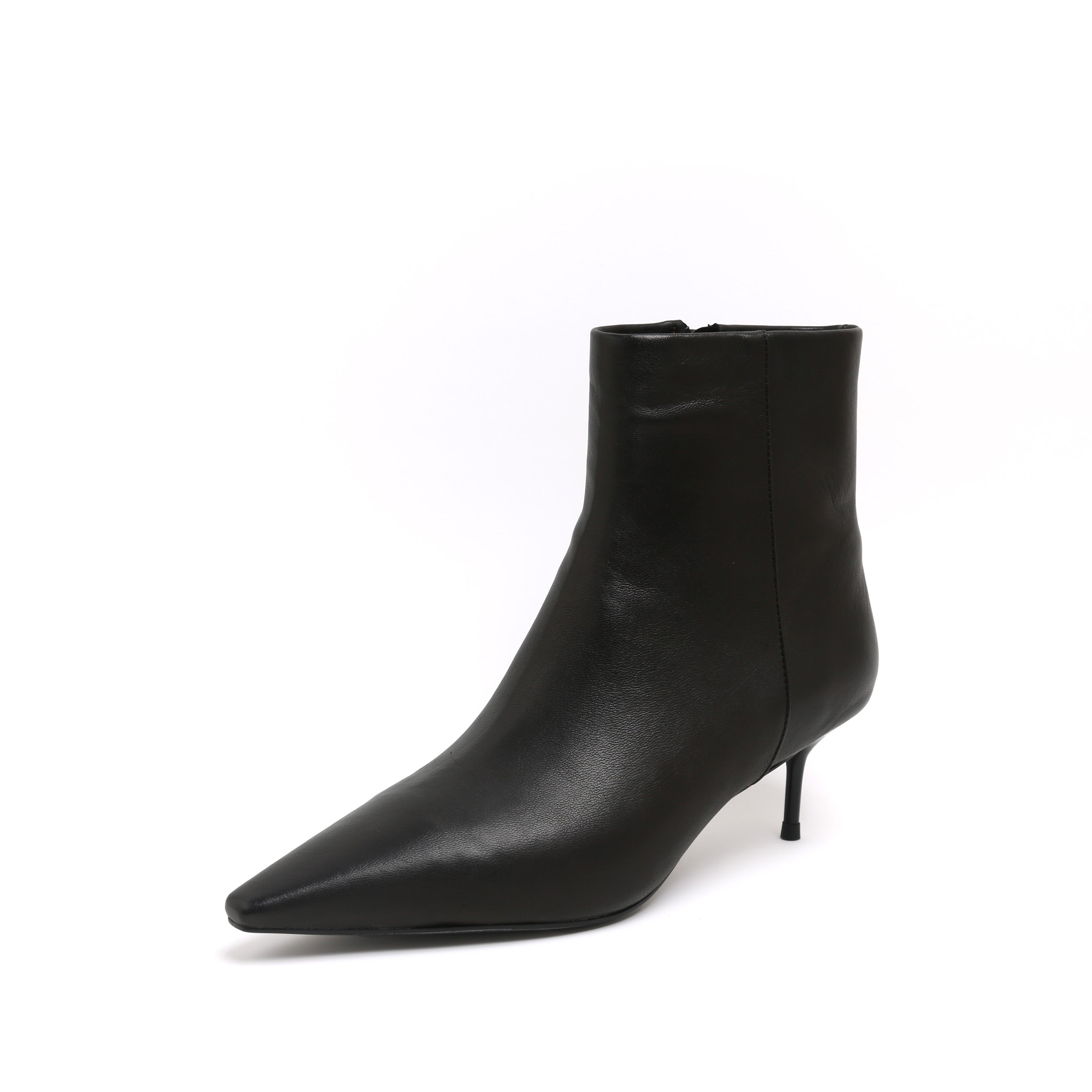 Black Leather Pointed-Toe Stiletto Ankle Boots