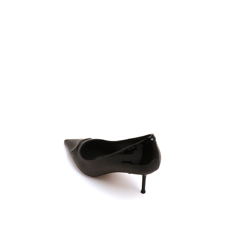 Black Embossed Heart Patent Heeled Pumps