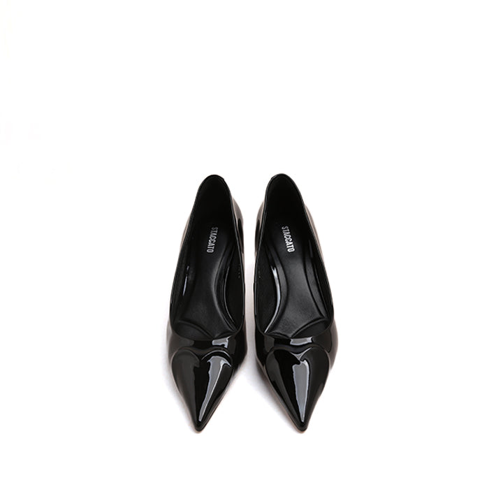 Black Embossed Heart Patent Heeled Pumps